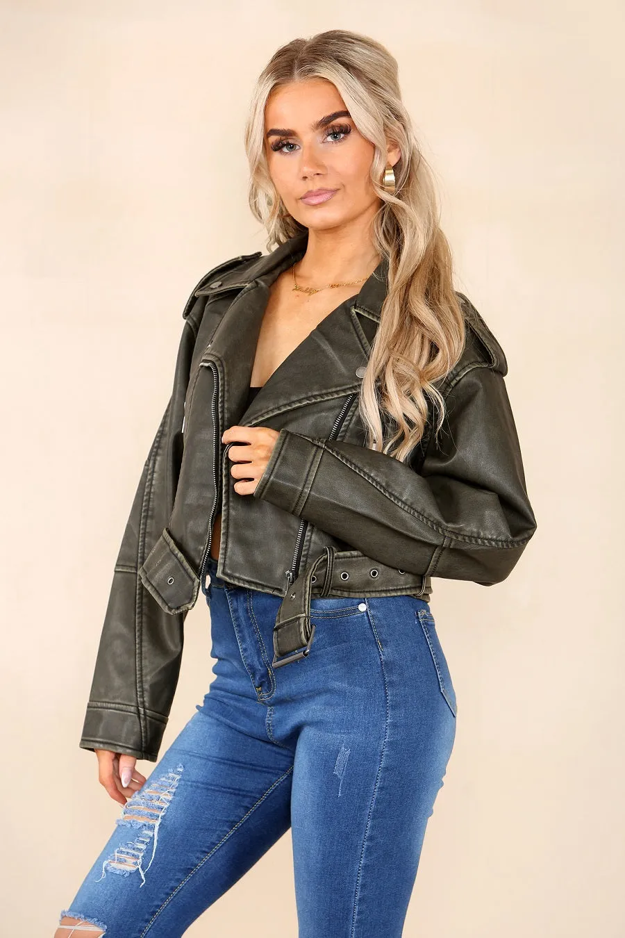 Khaki Green Faux Leather Zipped Biker Jacket - Stormi sold by Storm Desire product image thumbnail 3