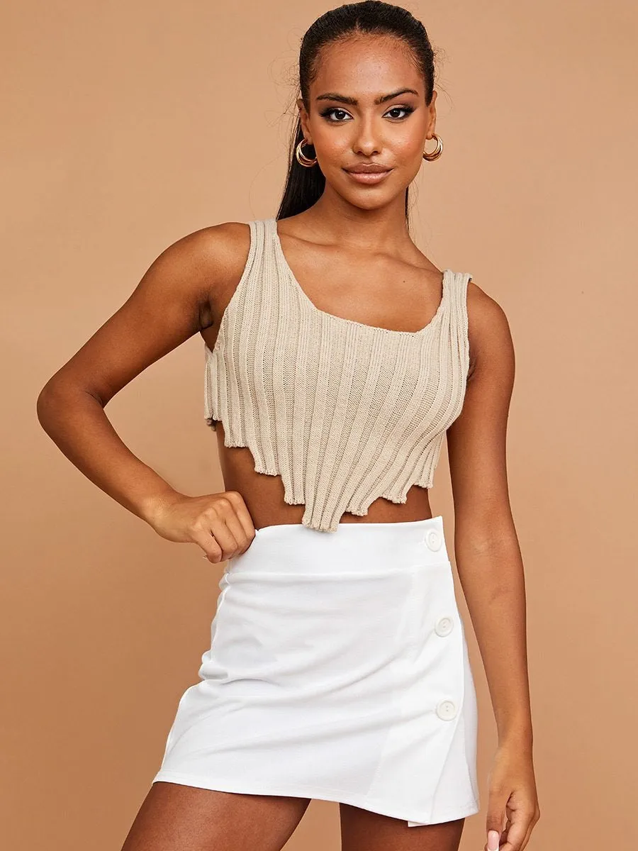 Beige Asymmetric Hem Knitted Vest Crop Top - Annika sold by Storm Desire