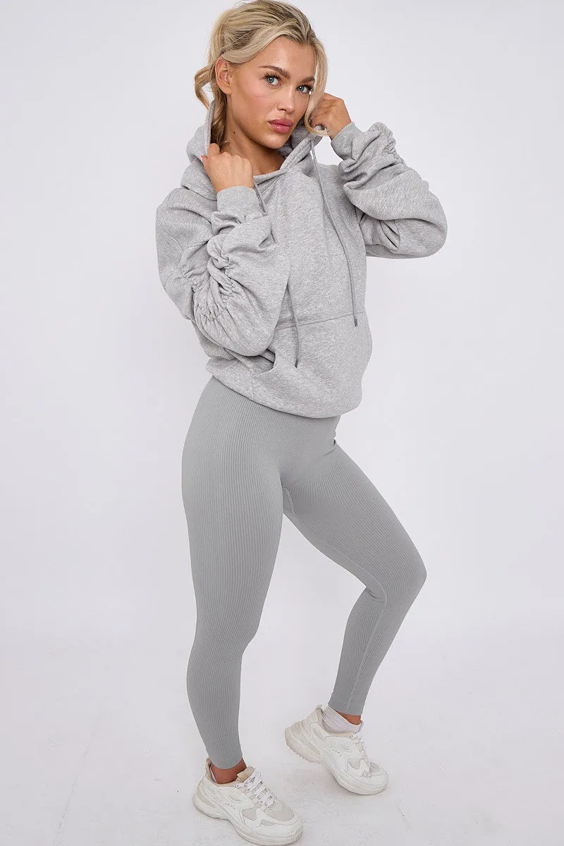Grey Ribbed Leggings & Ruched Sleeve Hoodie Set - Ellie sold by Storm Desire product image thumbnail 2