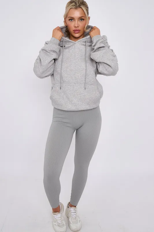 Grey Ribbed Leggings & Ruched Sleeve Hoodie Set - Ellie sold by Storm Desire