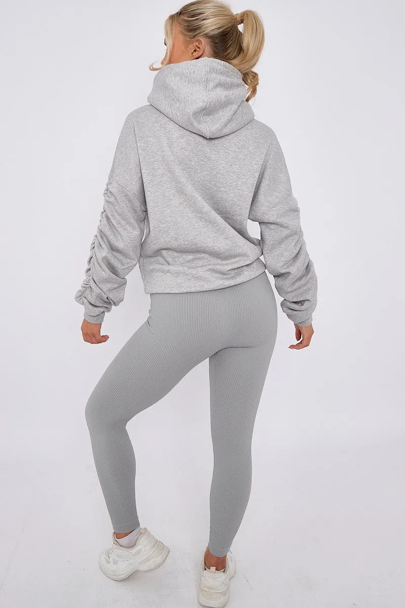 Grey Ribbed Leggings & Ruched Sleeve Hoodie Set - Ellie sold by Storm Desire product image thumbnail 5