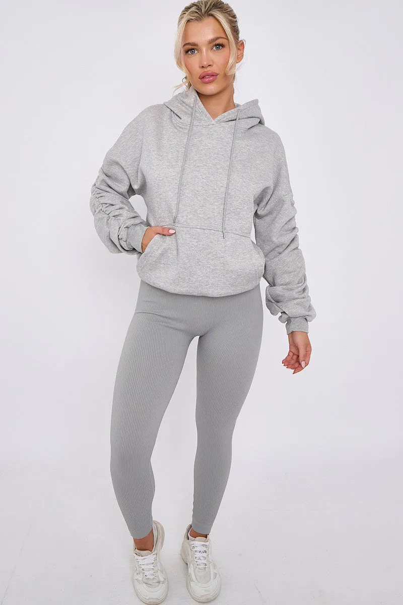 Grey Ribbed Leggings & Ruched Sleeve Hoodie Set - Ellie sold by Storm Desire product image thumbnail 3