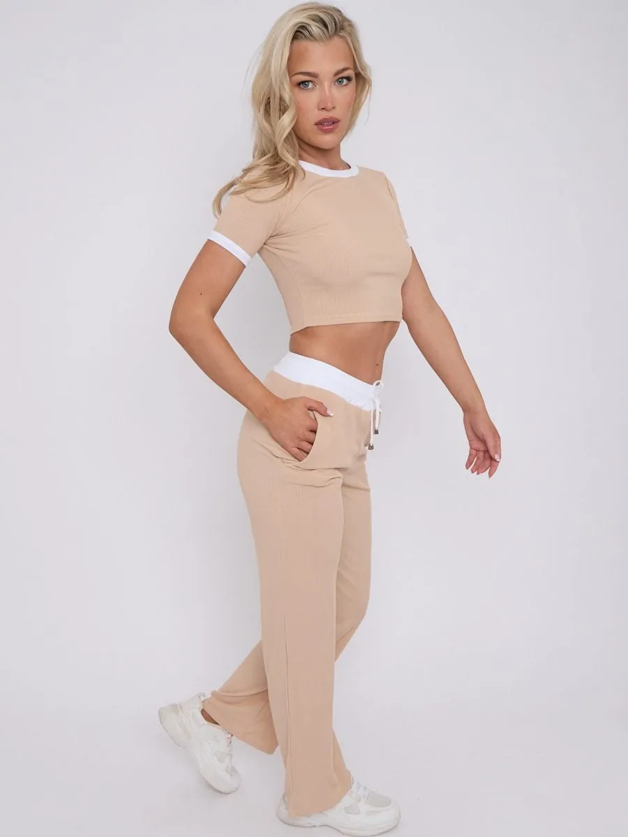 Ribbed Crop Top & Wide Leg Trouser Co-ord - Magnolia sold by Storm Desire