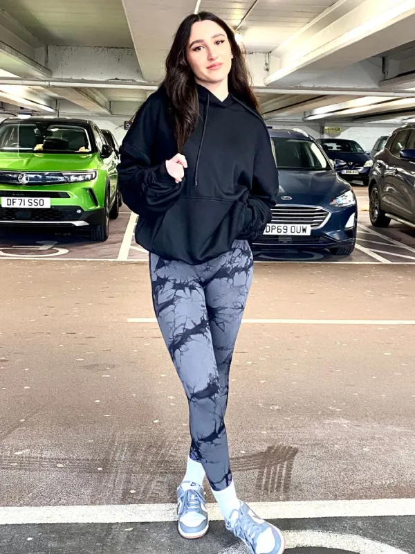 Black Ruched Sleeve Hoodie & Tie Dye Print Bum Sculpt Leggings Set- Cora sold by Storm Desire