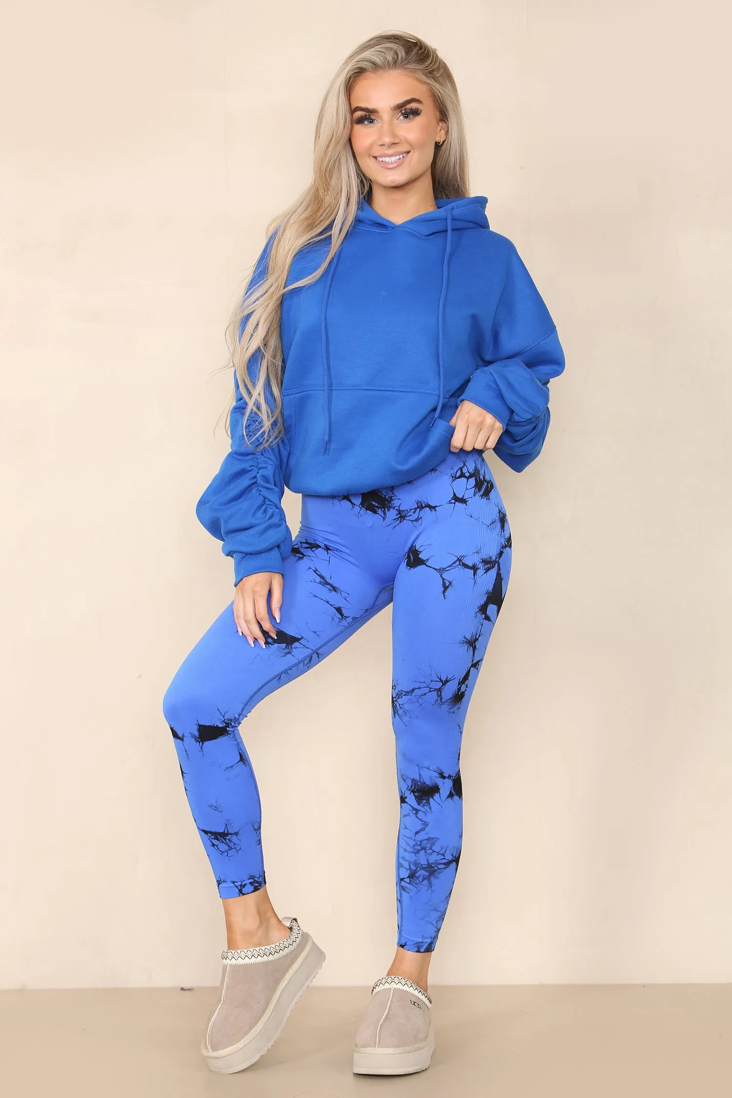 Royal Blue Ruched Sleeve Hoodie & Tie Dye Print Bum Sculpt Leggings Set- Cora sold by Storm Desire product image thumbnail 5