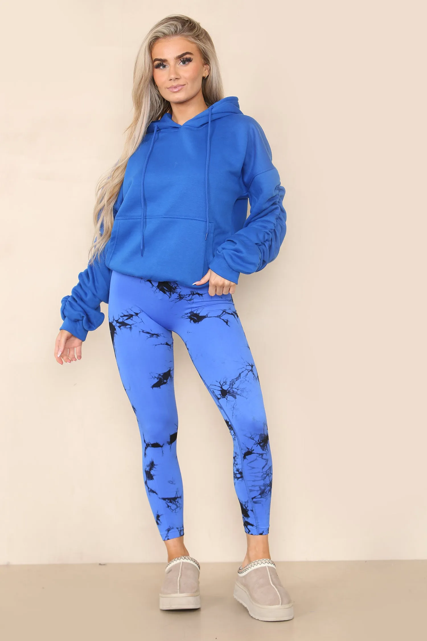 Royal Blue Ruched Sleeve Hoodie & Tie Dye Print Bum Sculpt Leggings Set- Cora sold by Storm Desire product image thumbnail 2