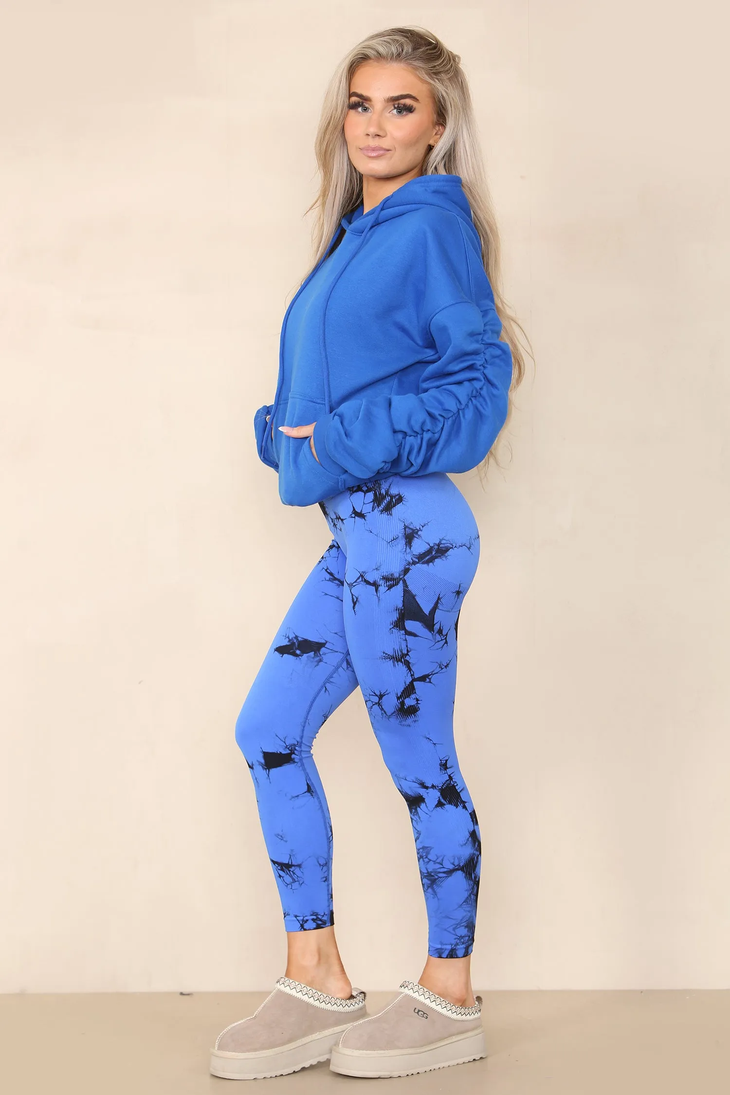 Royal Blue Ruched Sleeve Hoodie & Tie Dye Print Bum Sculpt Leggings Set- Cora sold by Storm Desire product image thumbnail 4