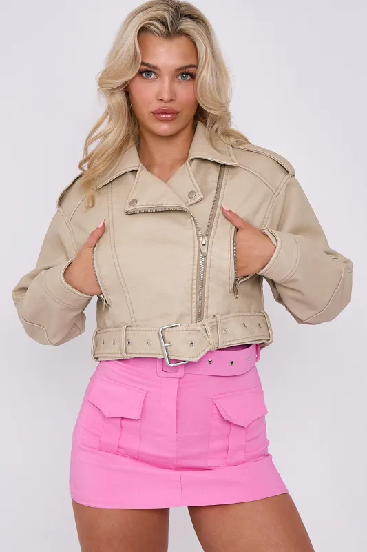Beige Faux Leather Zipped Biker Jacket - Stormi sold by Storm Desire