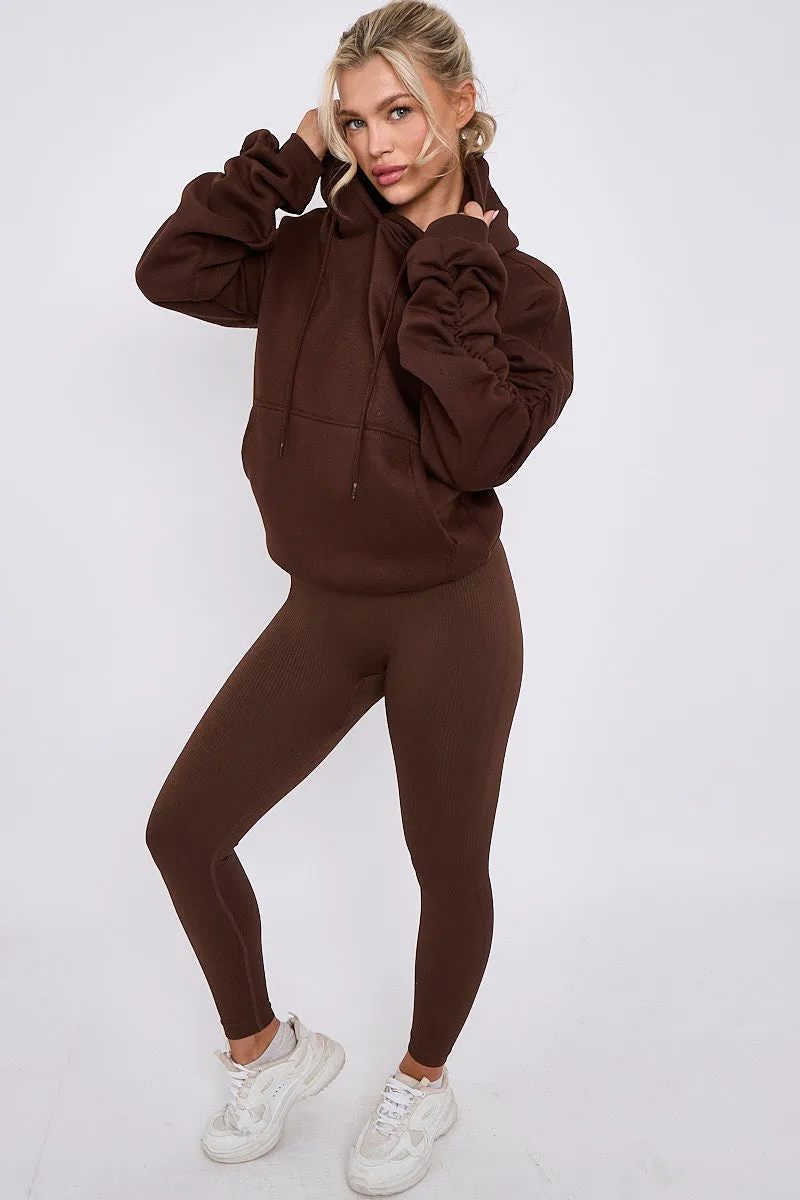 Brown Ribbed Leggings & Ruched Sleeve Hoodie Set - Ellie sold by Storm Desire product image thumbnail 4