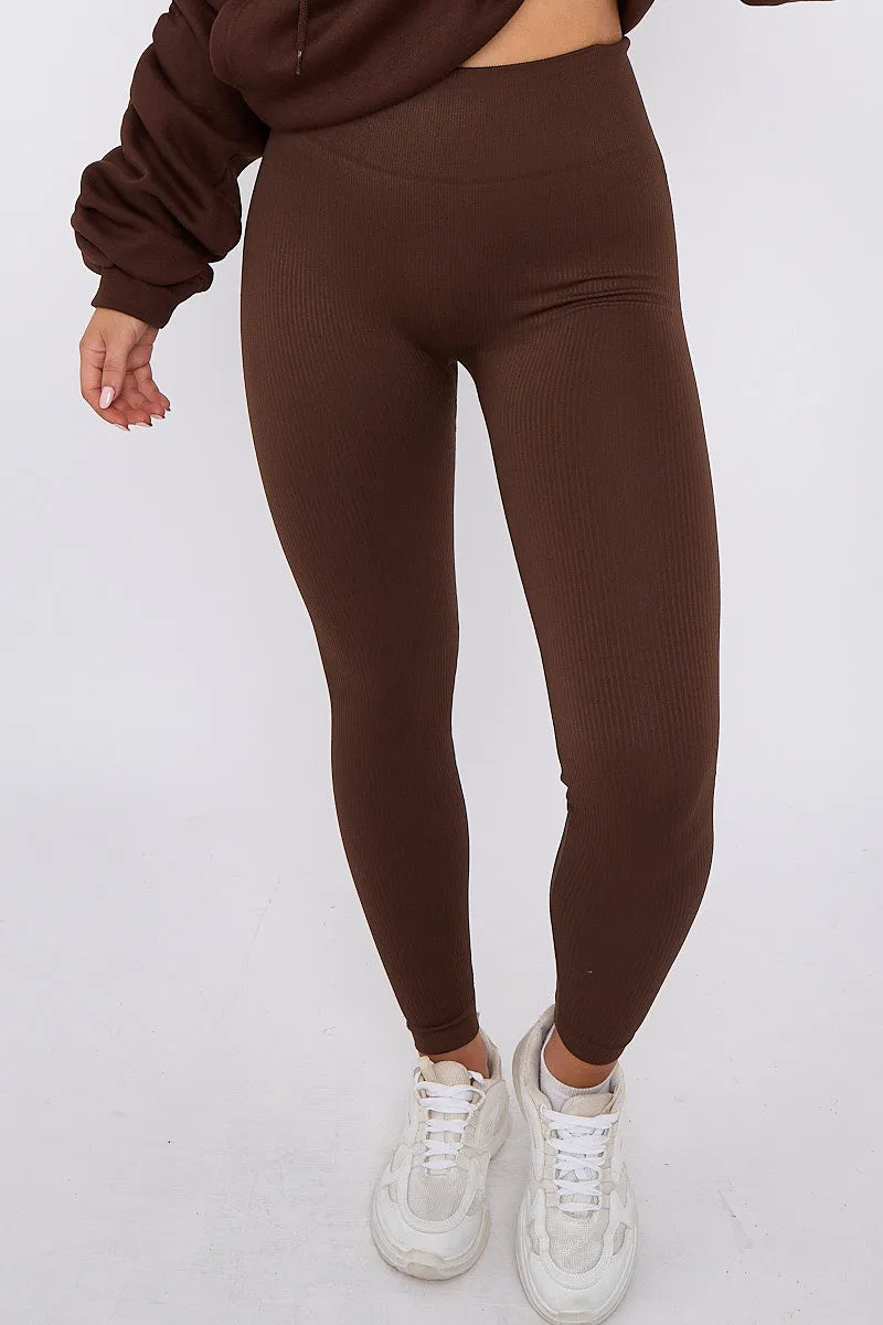 Brown Ribbed Leggings & Ruched Sleeve Hoodie Set - Ellie sold by Storm Desire product image thumbnail 5