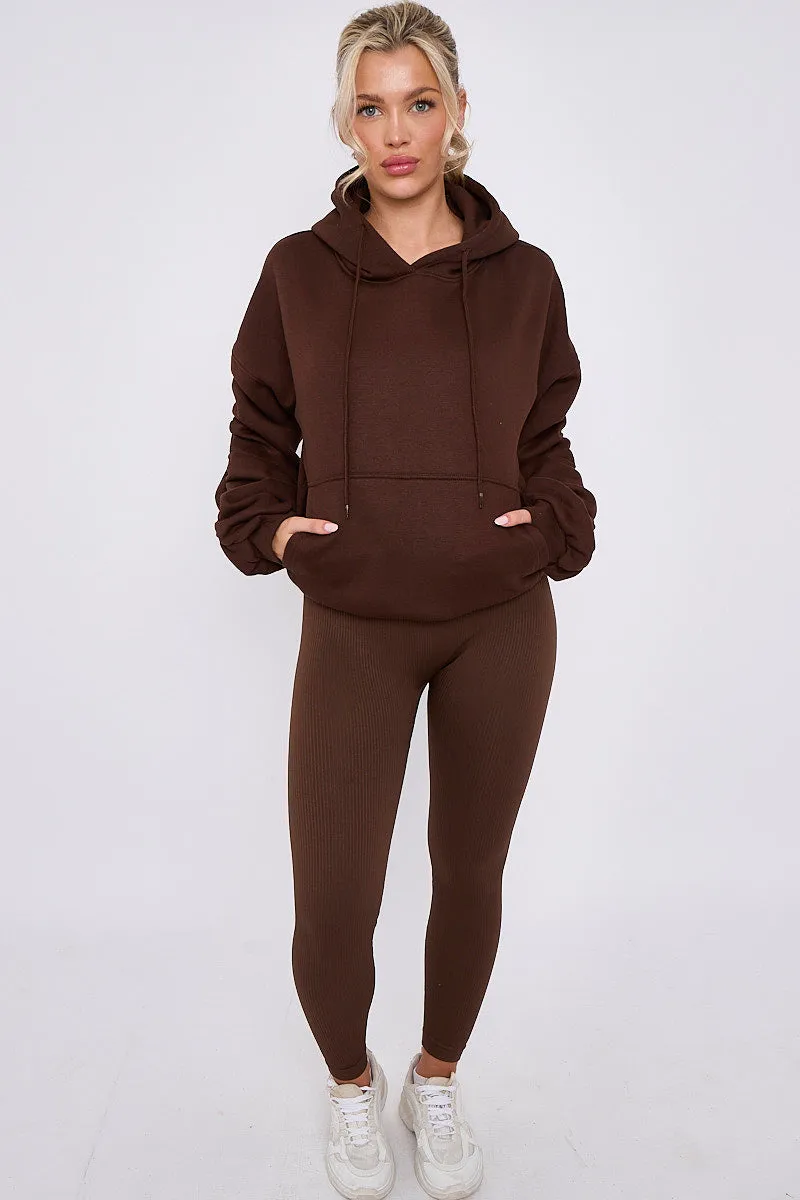 Brown Ribbed Leggings & Ruched Sleeve Hoodie Set - Ellie sold by Storm Desire product image thumbnail 2