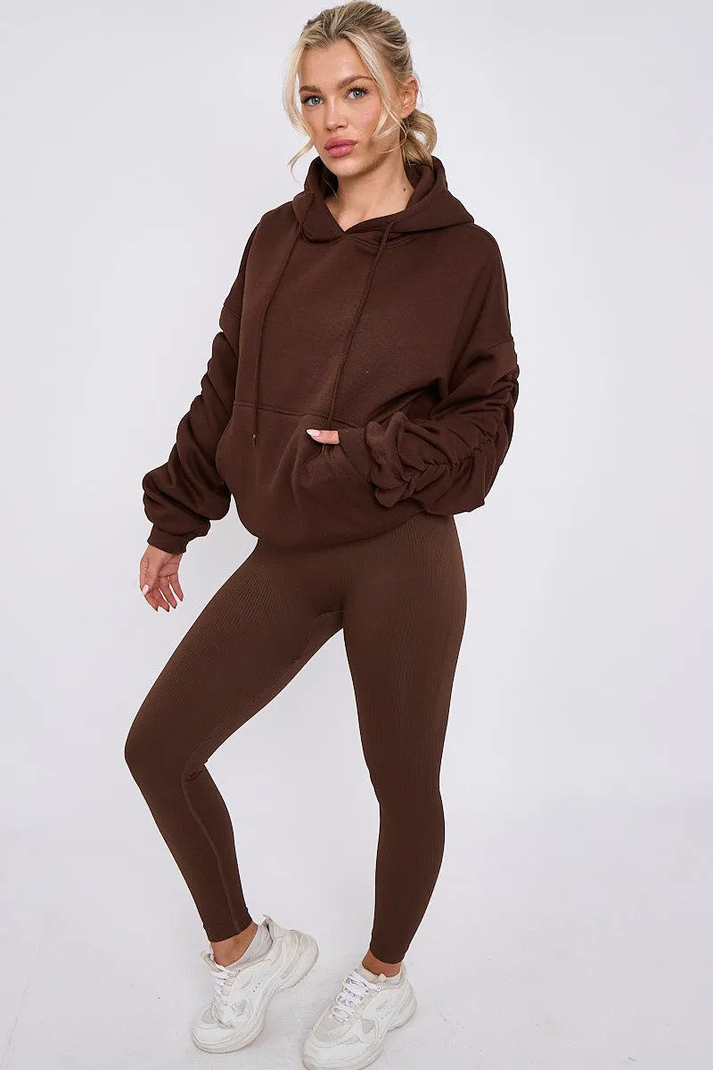 Brown Ribbed Leggings & Ruched Sleeve Hoodie Set - Ellie sold by Storm Desire