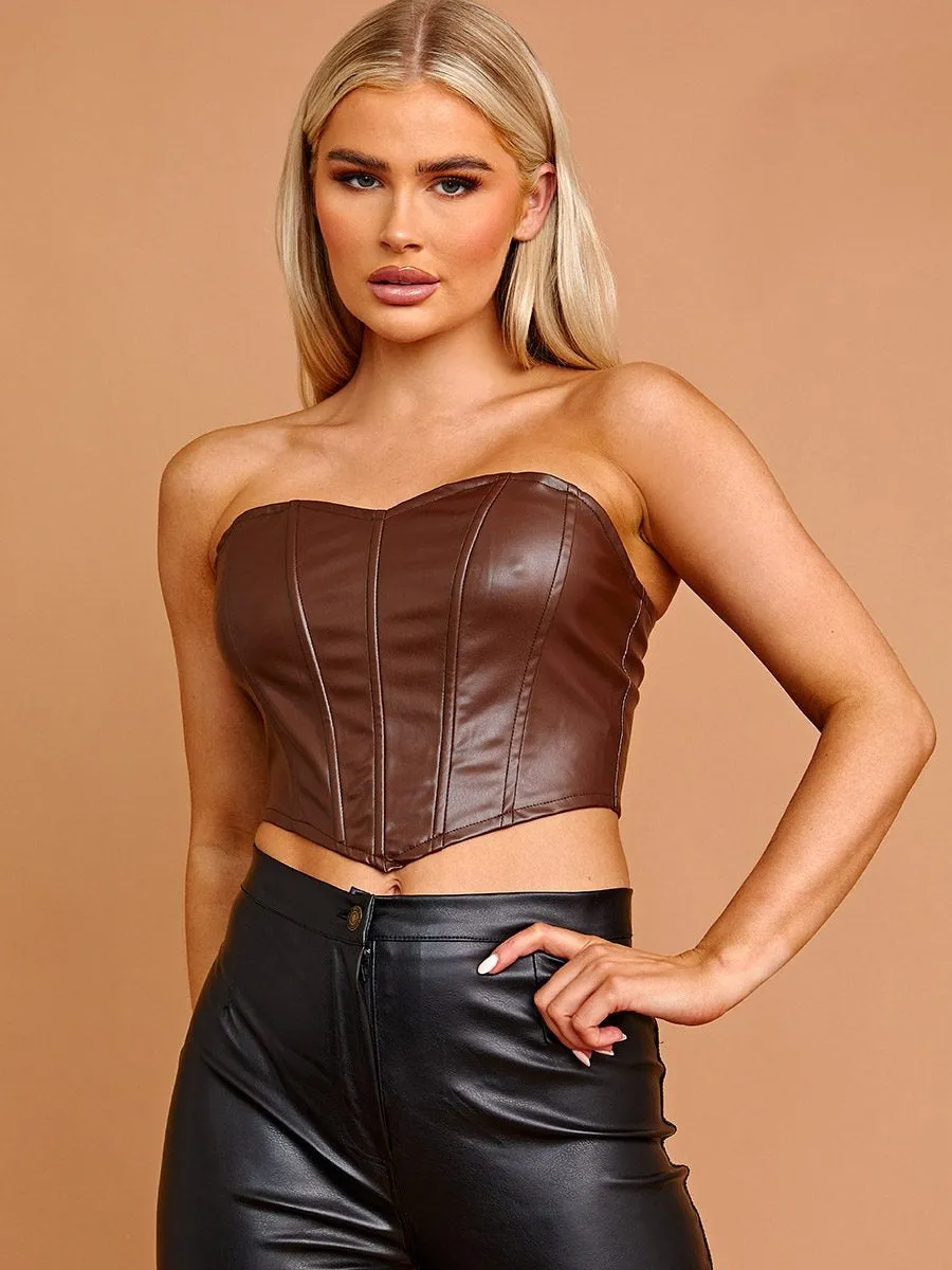 Brown PU Bandeau Corset Crop Top - Ivy sold by Storm Desire product image thumbnail 2