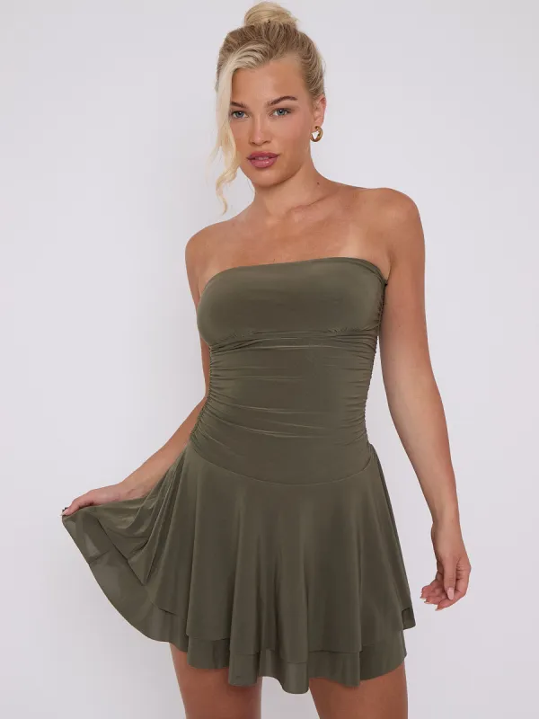 Frill Detail Slinky Bandeau Dress - Olive sold by Storm Desire