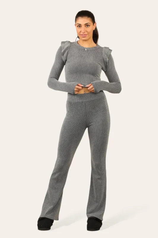 Ribbed Frill Shoulder Top & Flare Pants Set - Dream sold by Storm Desire