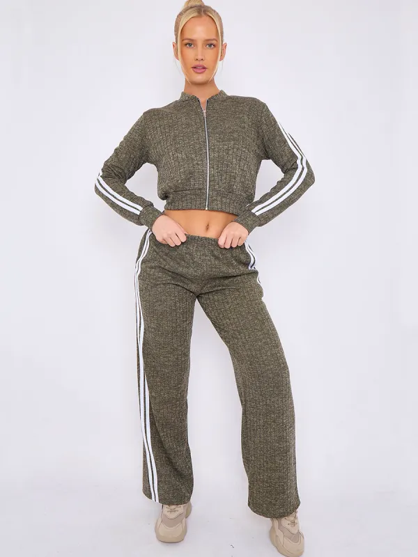 Knitted Zip Stripe Crop Top & Trouser Set - Trinity sold by Storm Desire