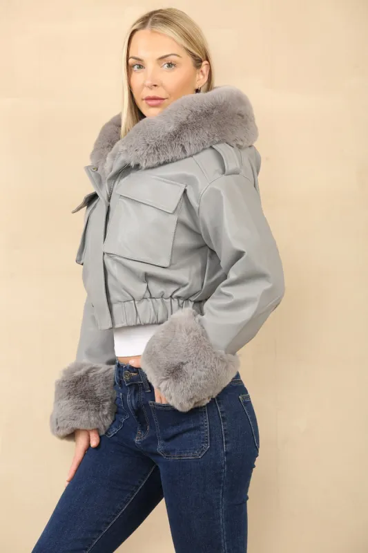 Pu Faux Leather Pocket Bomber Jacket - Giselle sold by Storm Desire