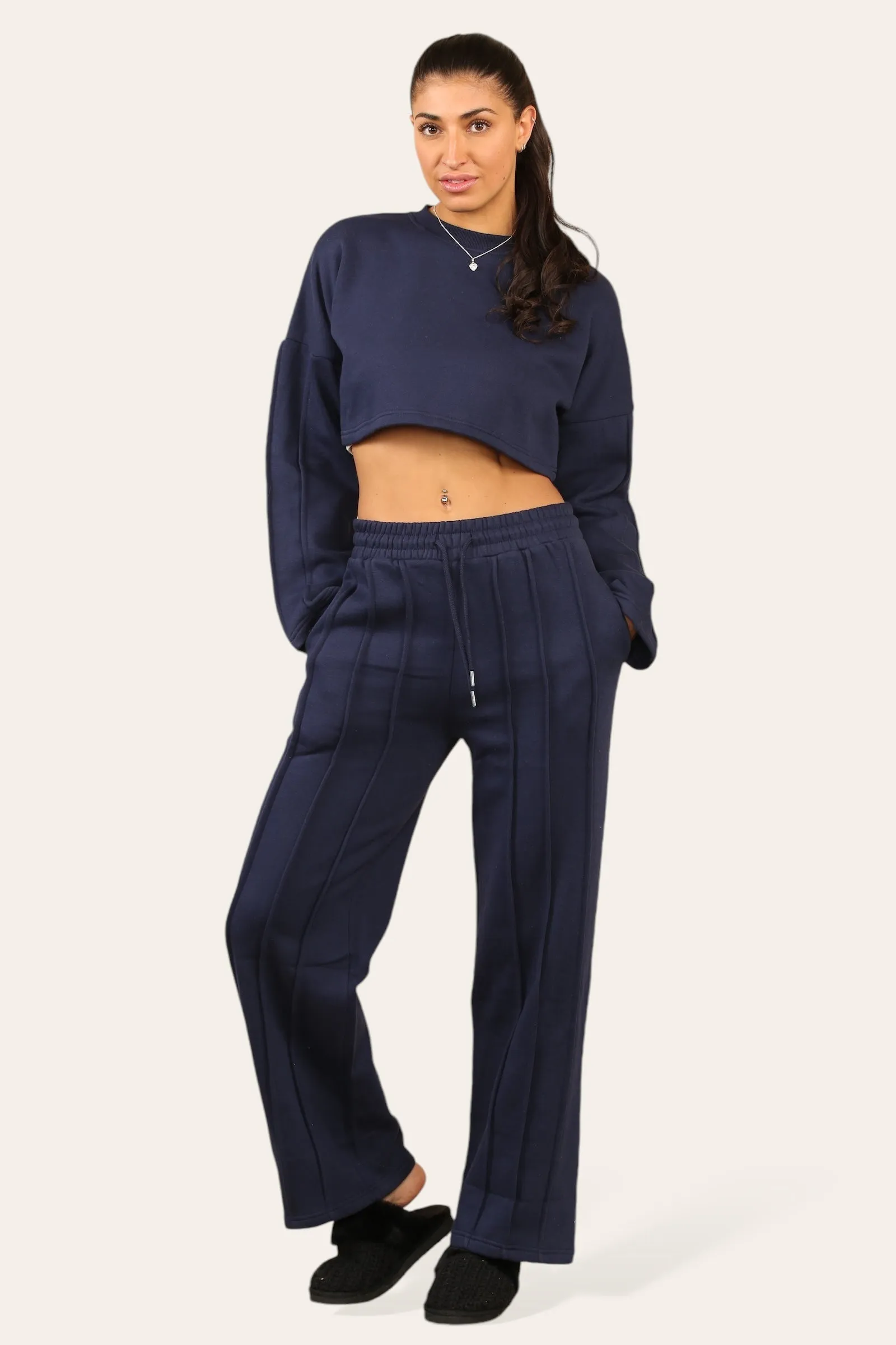 Navy Blue Baggy Crop Top And Flare Joggers Loungewear Set - Jamie sold by Storm Desire