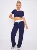 Navy Blue Ribbed Crop Top & Wide Leg Trouser Co-ord - Magnolia sold by Storm Desire
