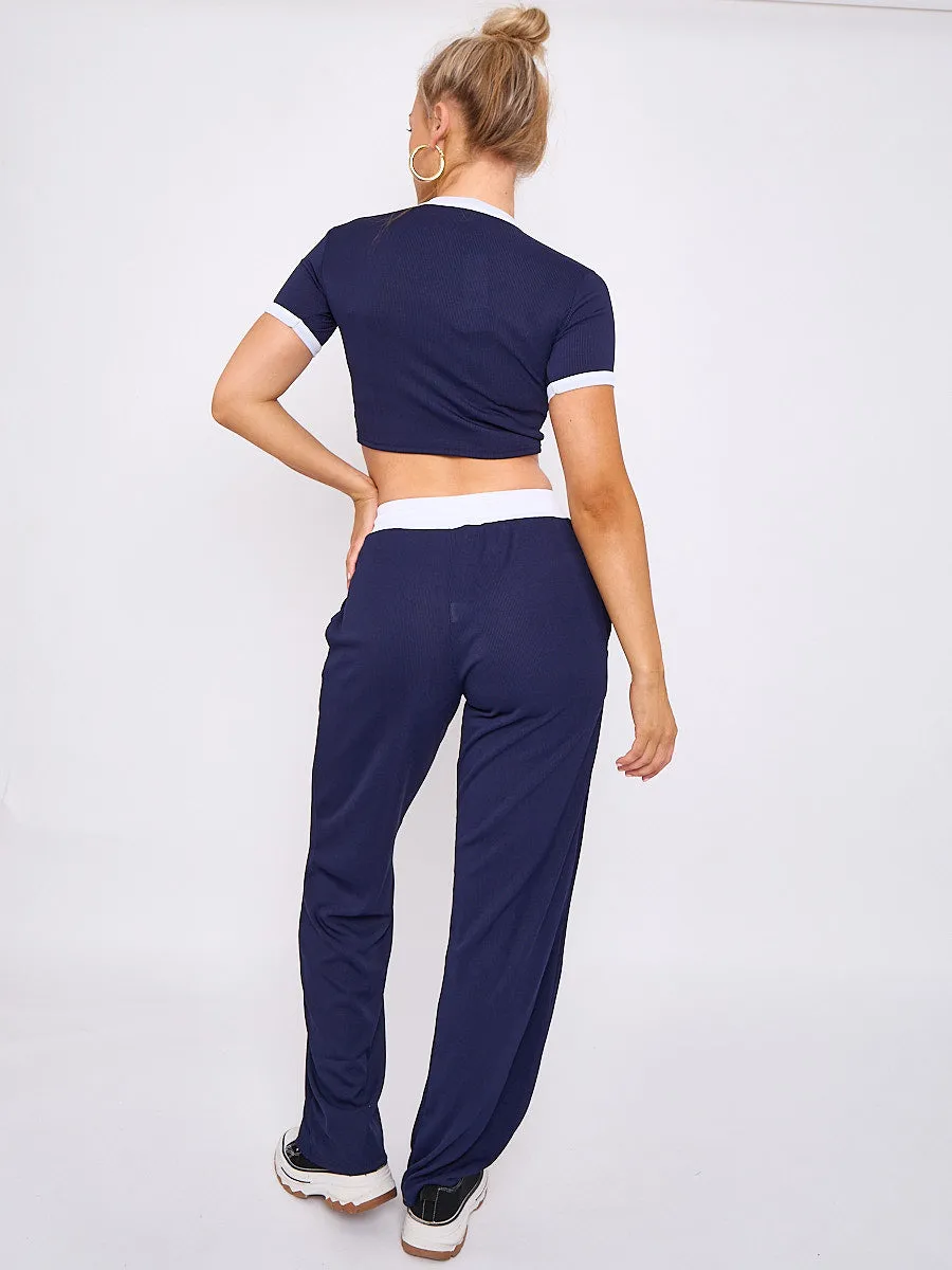 Navy Blue Ribbed Crop Top & Wide Leg Trouser Co-ord - Magnolia sold by Storm Desire product image thumbnail 3