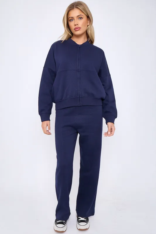 Navy Blue Bomber Style Oversize Fleece Zipper & Jogger Set - Sara sold by Storm Desire