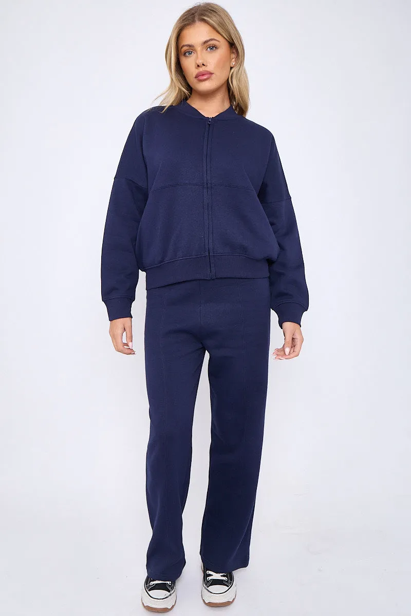 Navy Blue Bomber Style Oversize Fleece Zipper & Jogger Set - Sara sold by Storm Desire