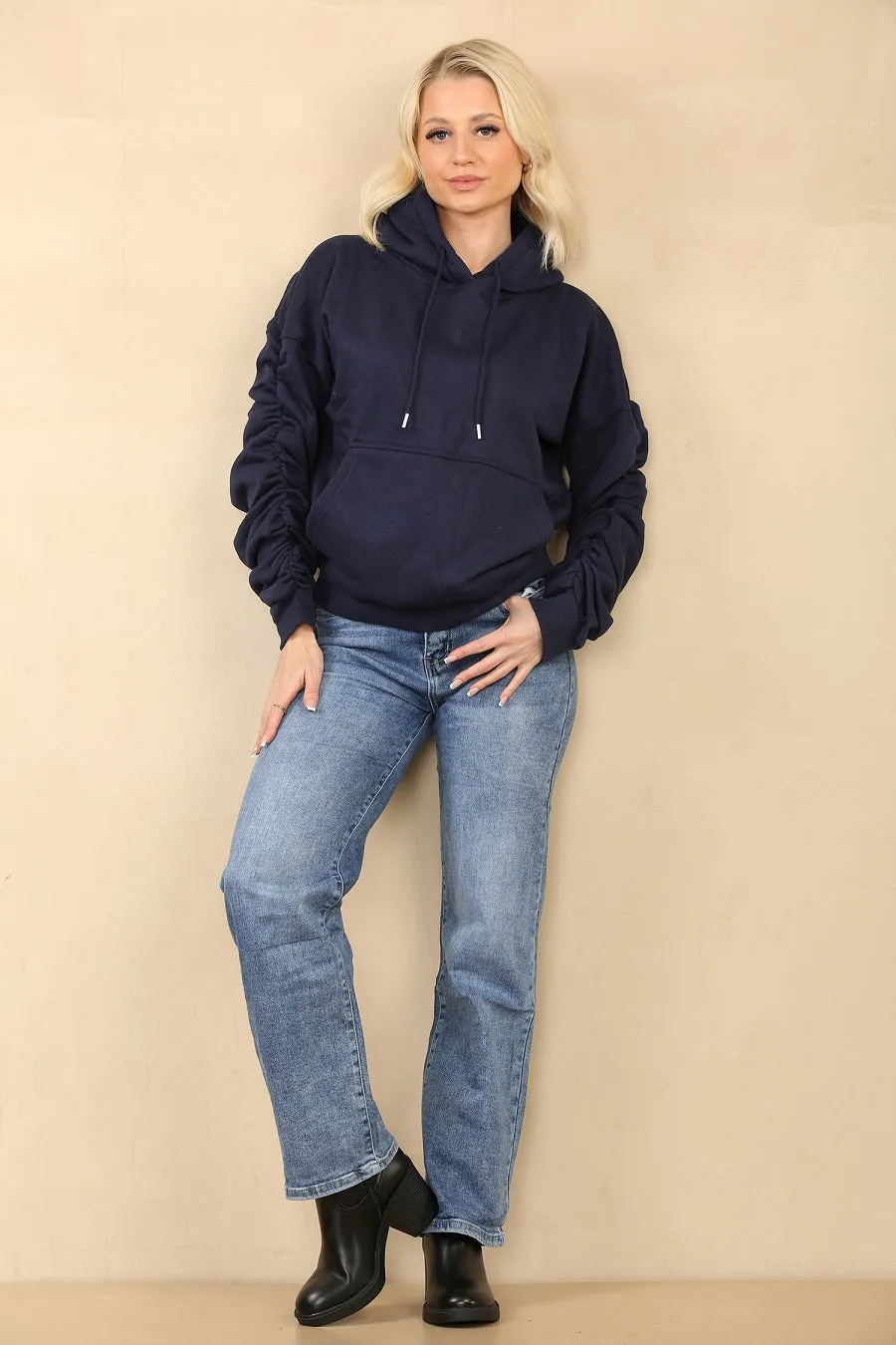 Navy Blue Ruched Sleeve Hooded Sweatshirt - Kora sold by Storm Desire product image thumbnail 4