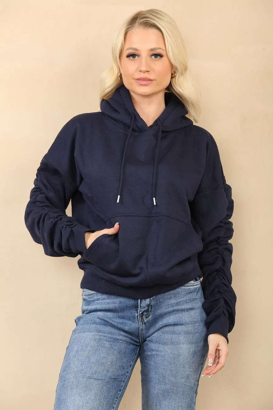 Navy Blue Ruched Sleeve Hooded Sweatshirt - Kora sold by Storm Desire