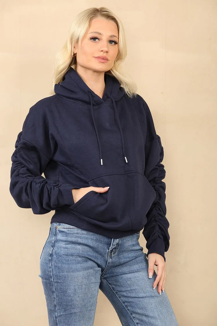 Navy Blue Ruched Sleeve Hooded Sweatshirt - Kora sold by Storm Desire product image thumbnail 2