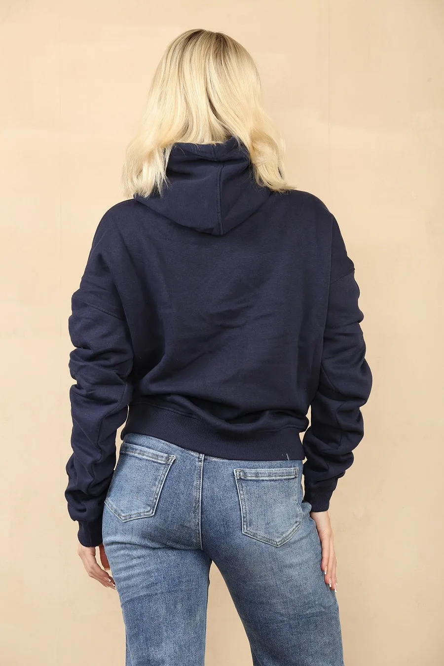 Navy Blue Ruched Sleeve Hooded Sweatshirt - Kora sold by Storm Desire product image thumbnail 3