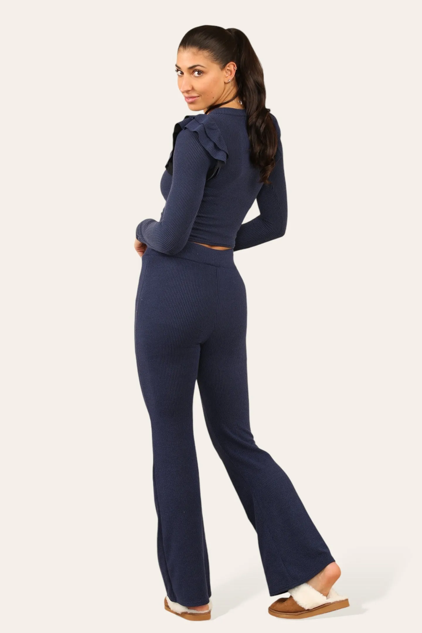 Navy Blue Ribbed Frill Shoulder Top & Flare Pants Set - Dream sold by Storm Desire product image thumbnail 2
