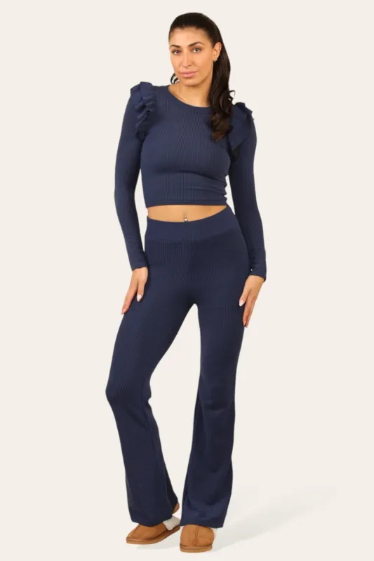 Navy Blue Ribbed Frill Shoulder Top & Flare Pants Set - Dream sold by Storm Desire