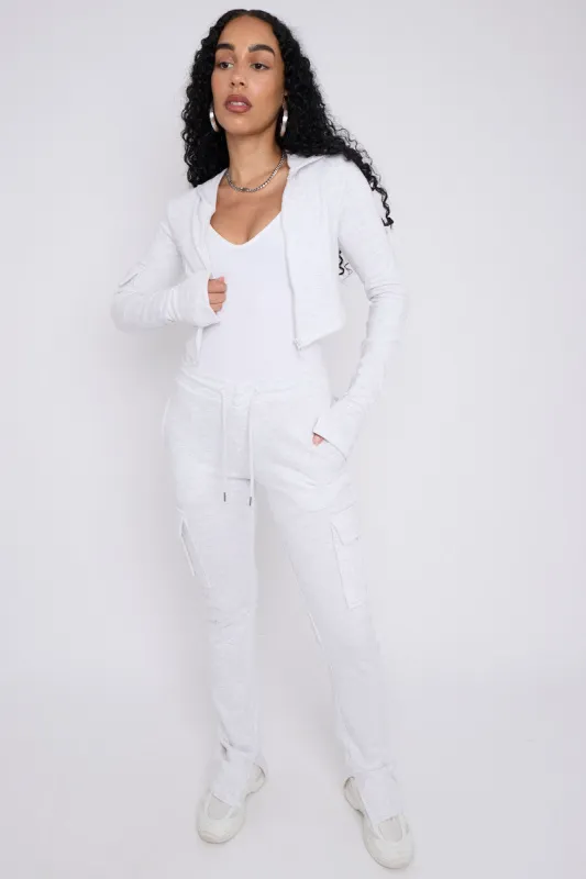 Bleach Grey Utility Pocket Crop Zip Top & Flare Jogger Set - Isabel sold by Storm Desire
