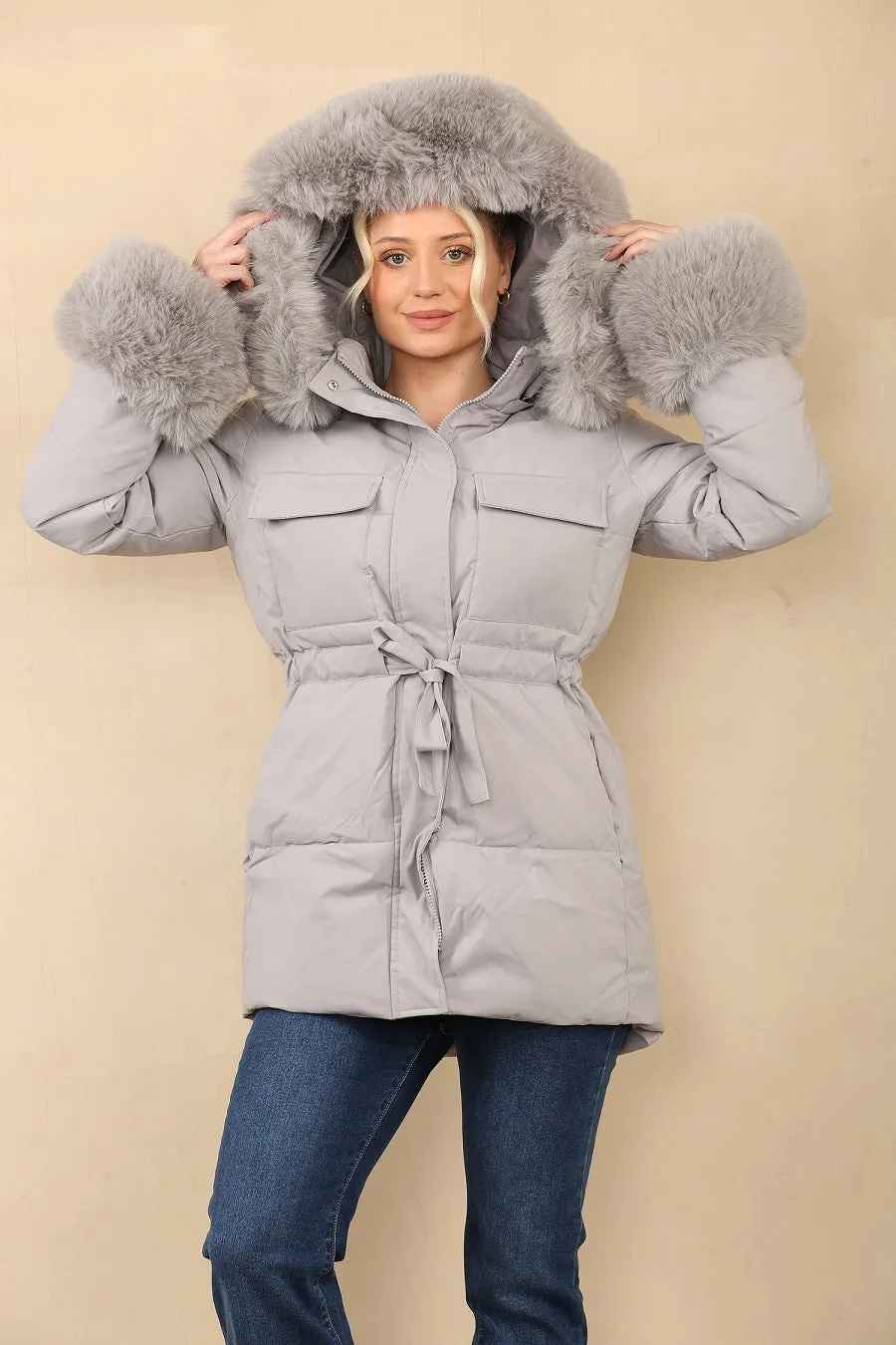 Faux Fur Hood Tie Up Puffer Jacket - Francesca sold by Storm Desire product image thumbnail 4