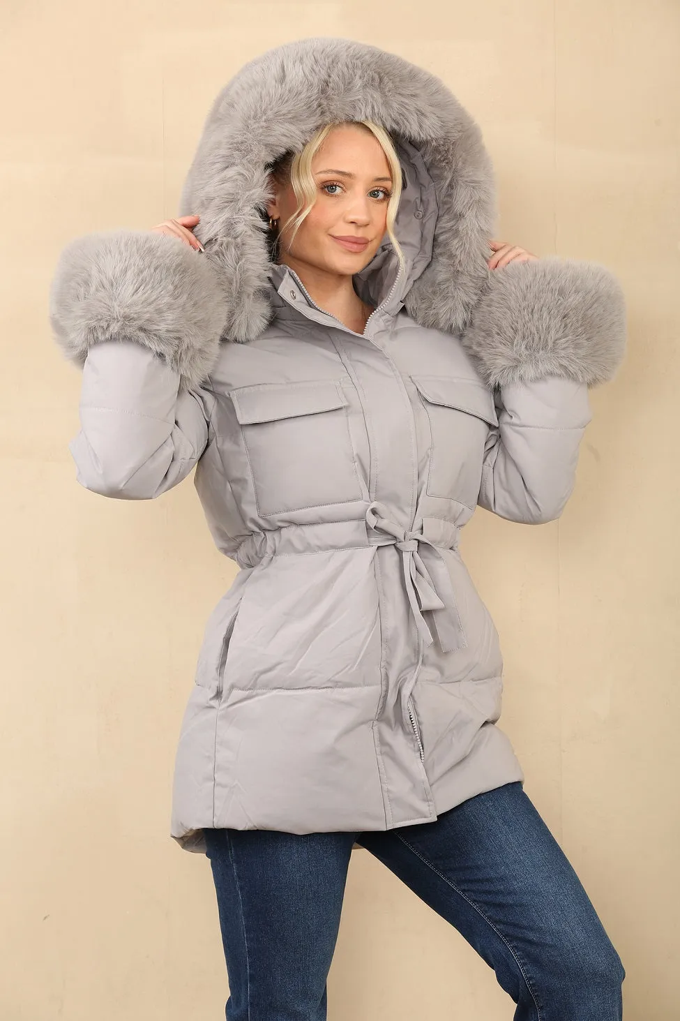 Faux Fur Hood Tie Up Puffer Jacket - Francesca sold by Storm Desire