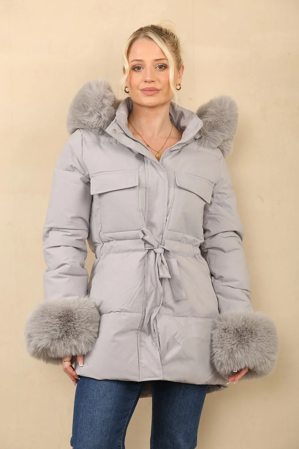 Faux Fur Hood Tie Up Puffer Jacket - Francesca sold by Storm Desire product image thumbnail 2