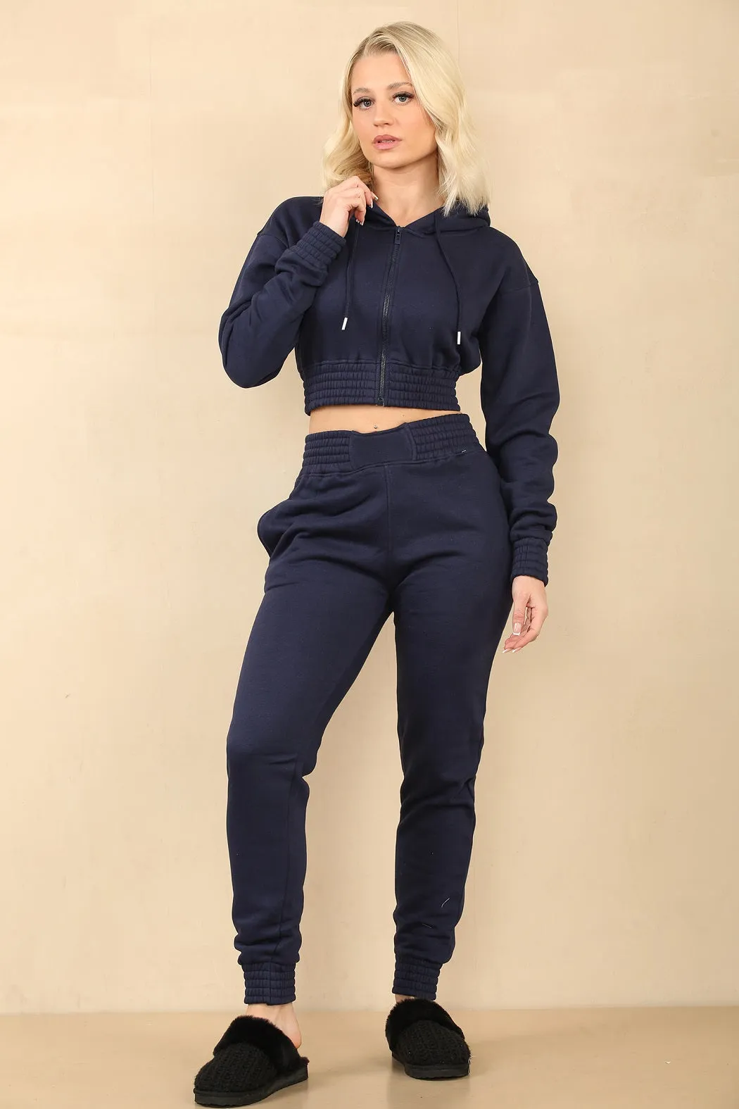 Navy Blue Crop Zip Hooded Loungewear - Valentina sold by Storm Desire product image thumbnail 3
