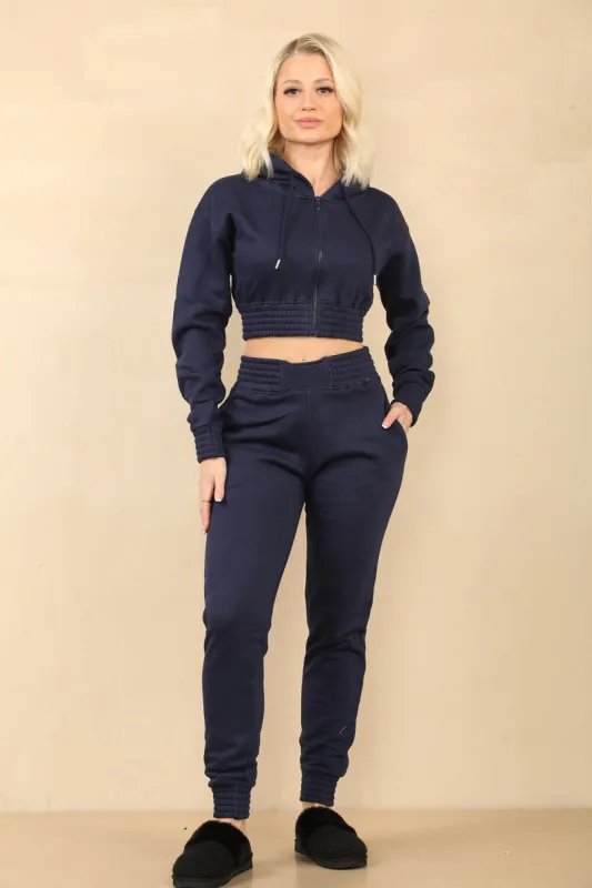 Navy Blue Crop Zip Hooded Loungewear - Valentina sold by Storm Desire