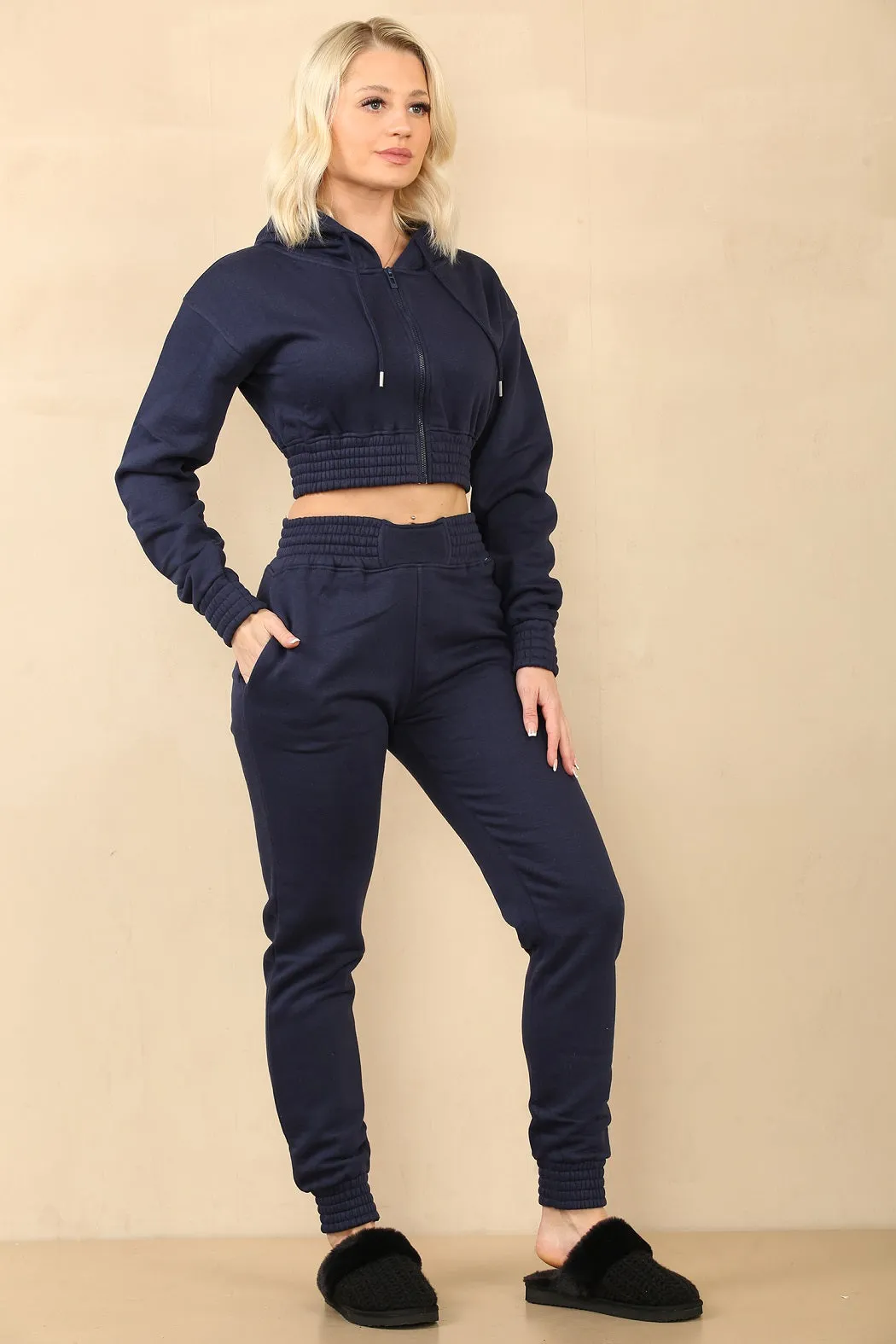 Navy Blue Crop Zip Hooded Loungewear - Valentina sold by Storm Desire product image thumbnail 5