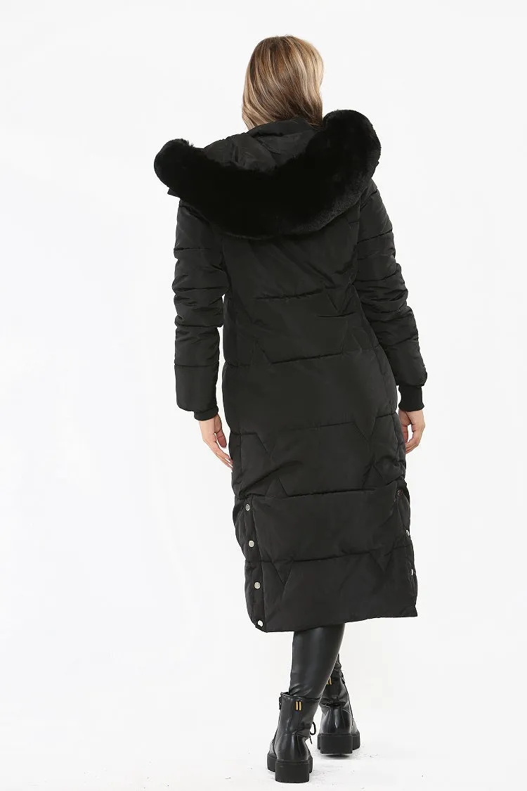 Black Faux Fur hood Long Line Padded Puffer Coat - Amani sold by Storm Desire product image thumbnail 3
