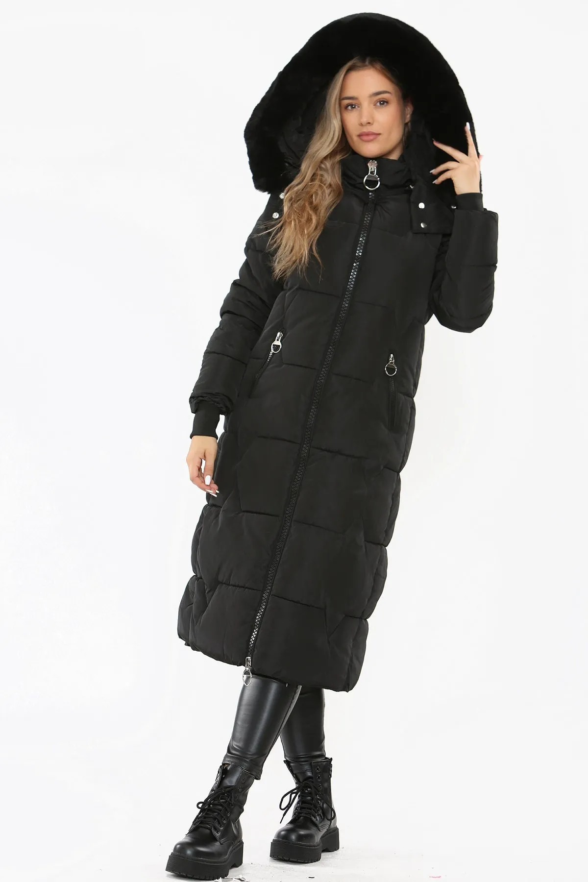 Black Faux Fur hood Long Line Padded Puffer Coat - Amani sold by Storm Desire product image thumbnail 4