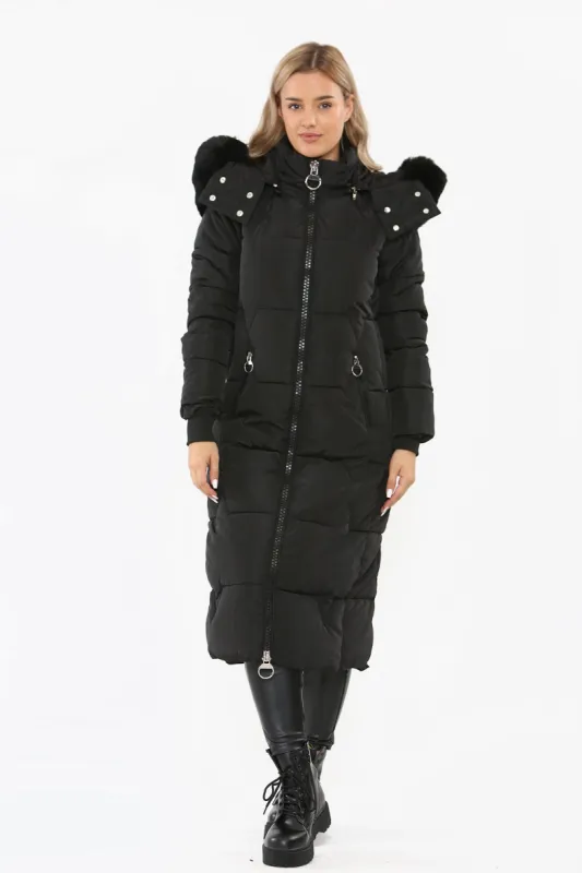Black Faux Fur hood Long Line Padded Puffer Coat - Amani sold by Storm Desire