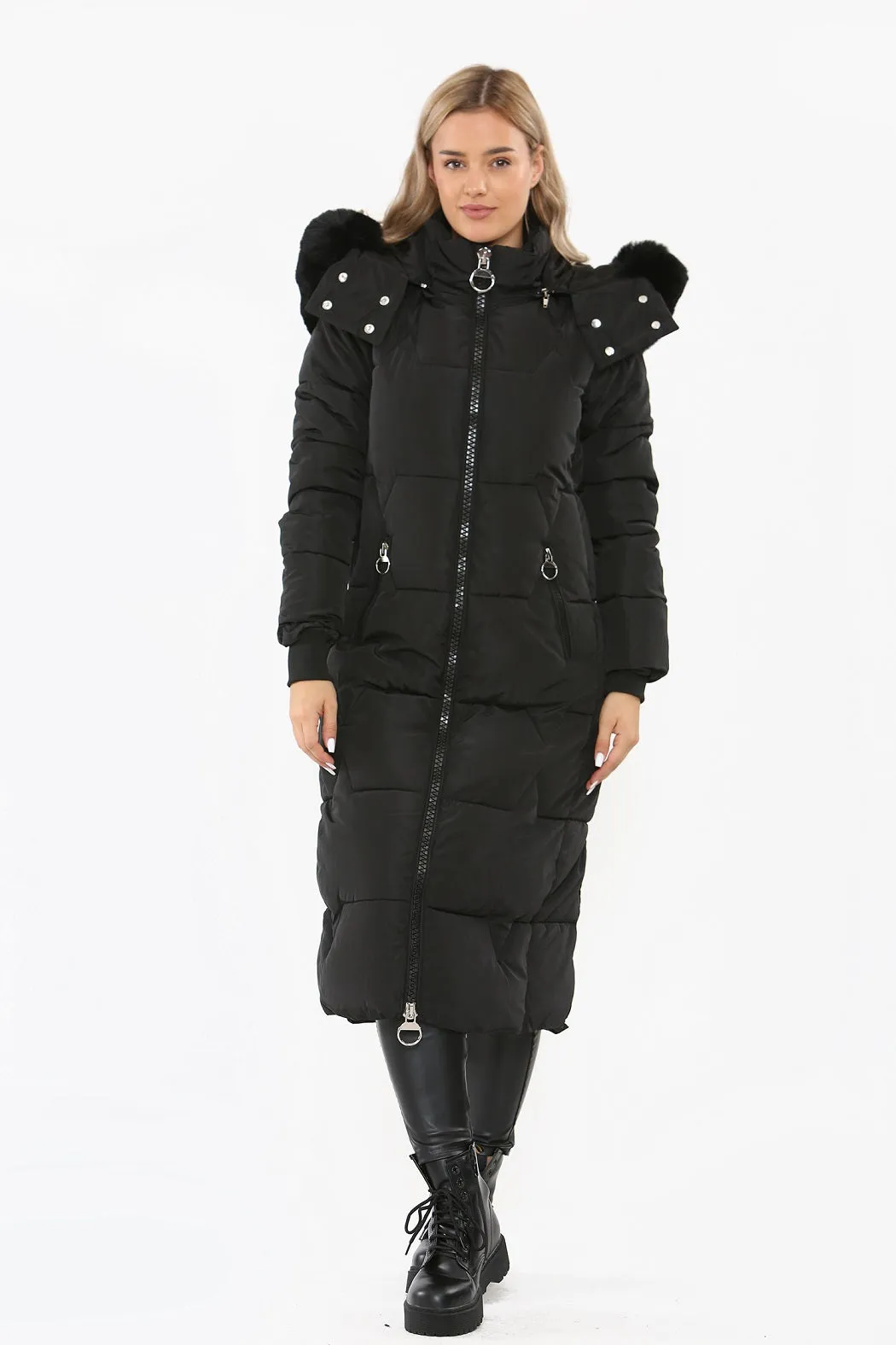 Black Faux Fur hood Long Line Padded Puffer Coat - Amani sold by Storm Desire