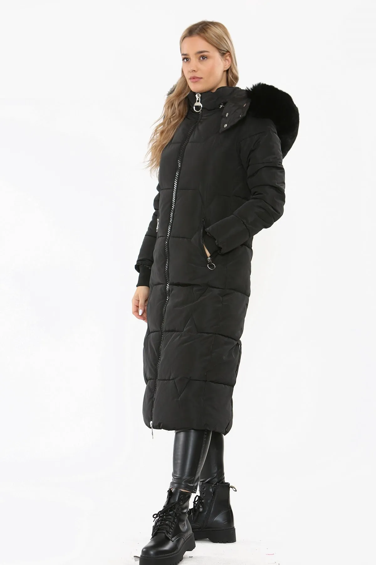 Black Faux Fur hood Long Line Padded Puffer Coat - Amani sold by Storm Desire product image thumbnail 2