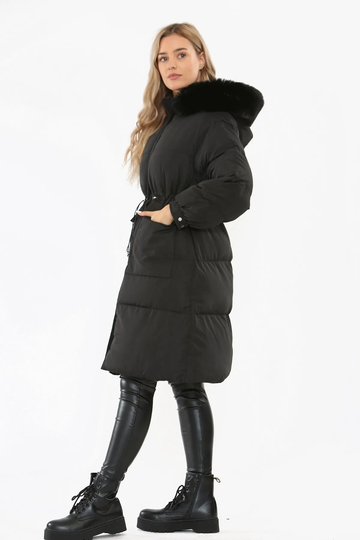 Black Faux Fur Hood Longline Padded Drawstring Coat - Monica sold by Storm Desire product image thumbnail 3