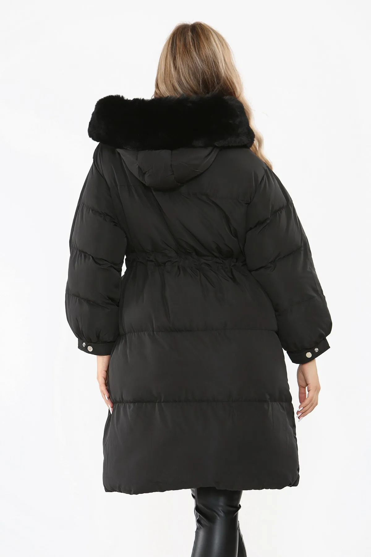 Black Faux Fur Hood Longline Padded Drawstring Coat - Monica sold by Storm Desire product image thumbnail 5