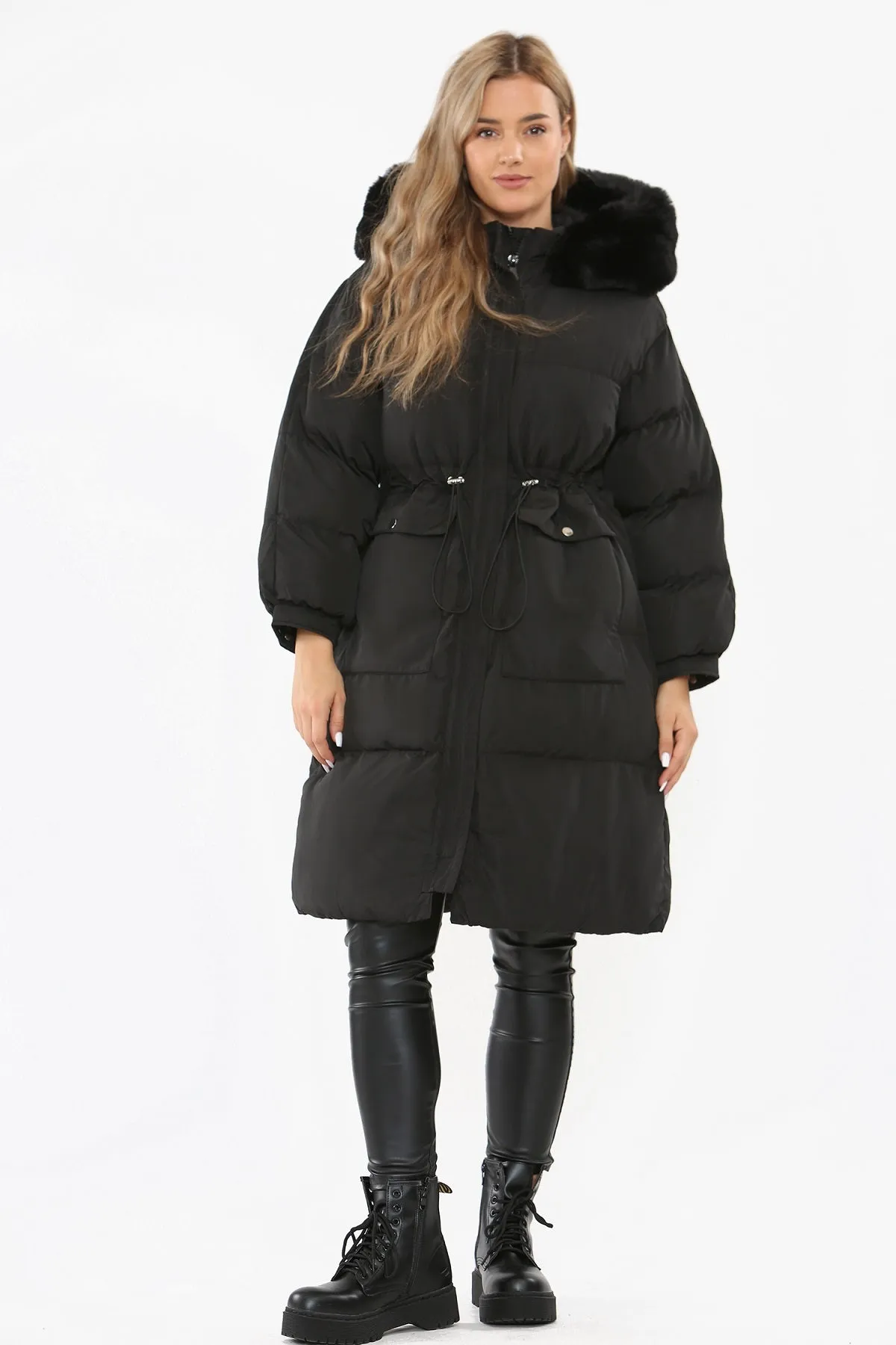 Black Faux Fur Hood Longline Padded Drawstring Coat - Monica sold by Storm Desire