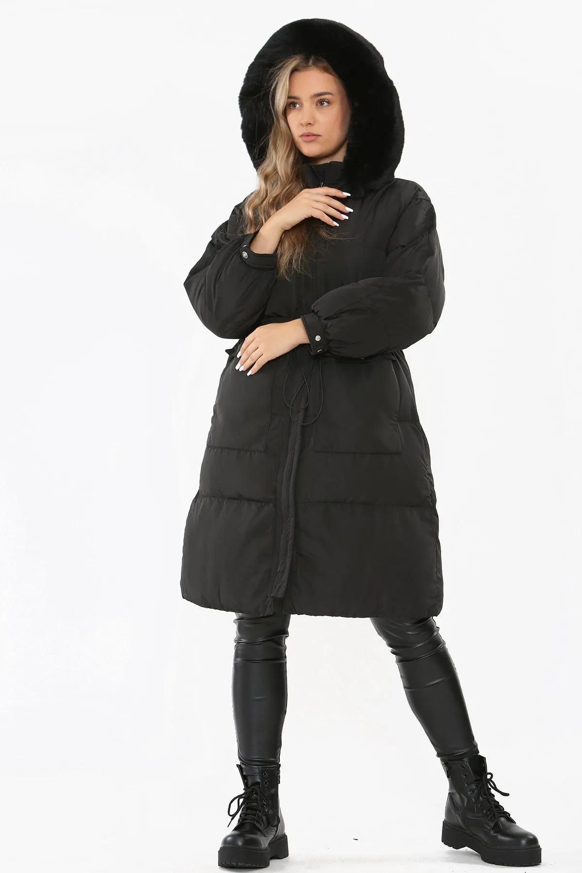 Black Faux Fur Hood Longline Padded Drawstring Coat - Monica sold by Storm Desire product image thumbnail 2
