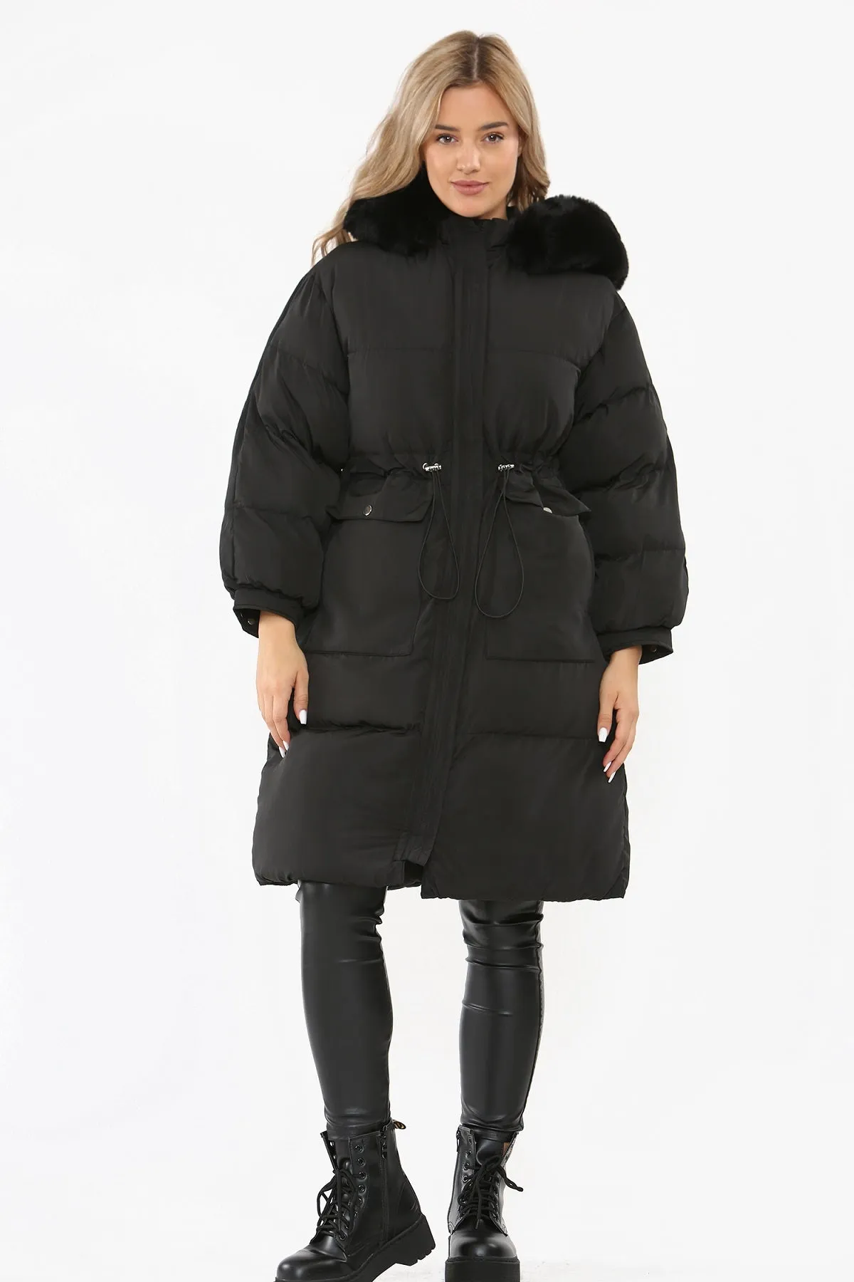 Black Faux Fur Hood Longline Padded Drawstring Coat - Monica sold by Storm Desire product image thumbnail 4