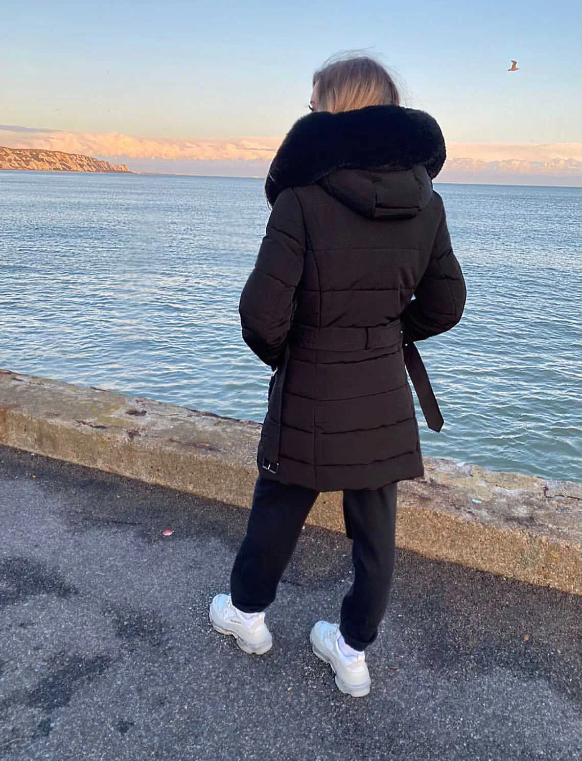 Black Belted Faux Fur Trim Puffer Coat - Serena sold by Storm Desire product image thumbnail 3